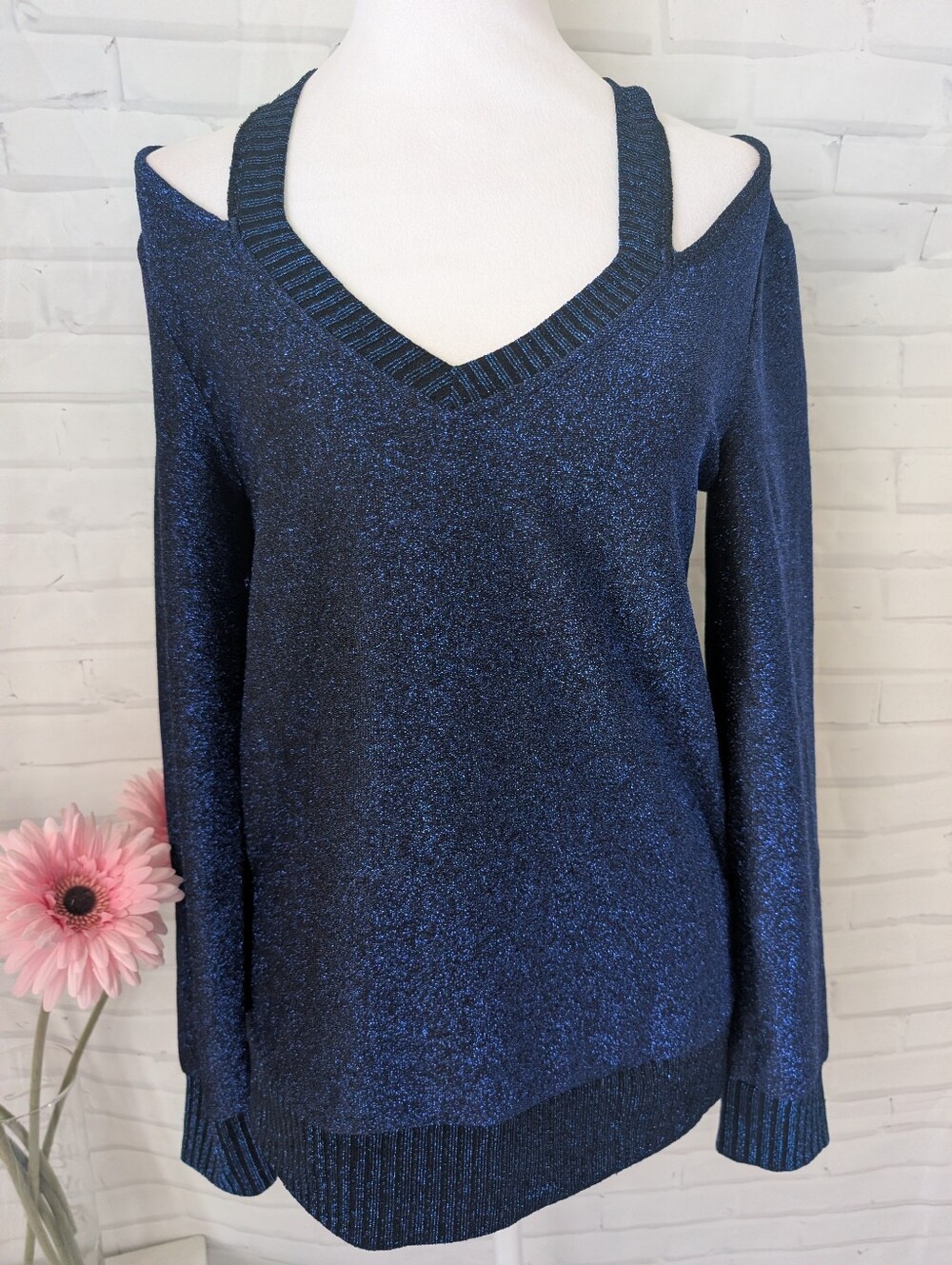 Black Swan Navy Shimmery  V-Neck Sweater